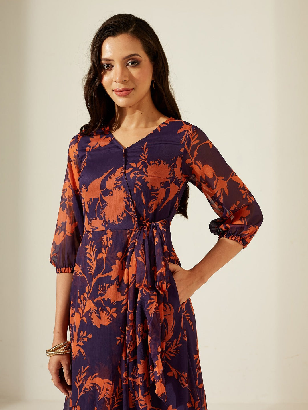 Purple V-Neck Three-Quarter Sleeve Floral Wrap Chiffon Midi Dress for Women