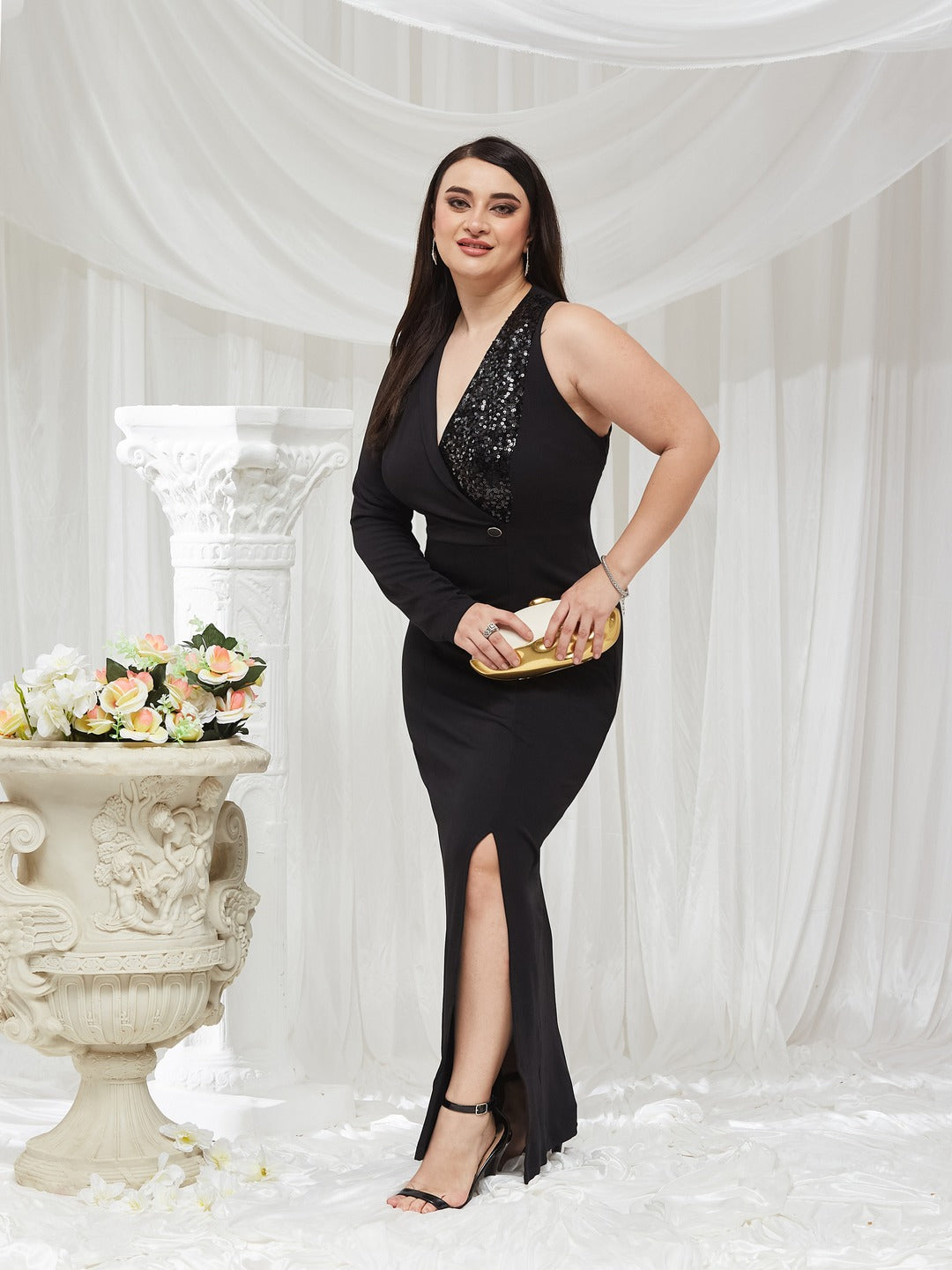 Black Solid Asymmetric Sequined Maxi Dress for Women — Miss Chase A+