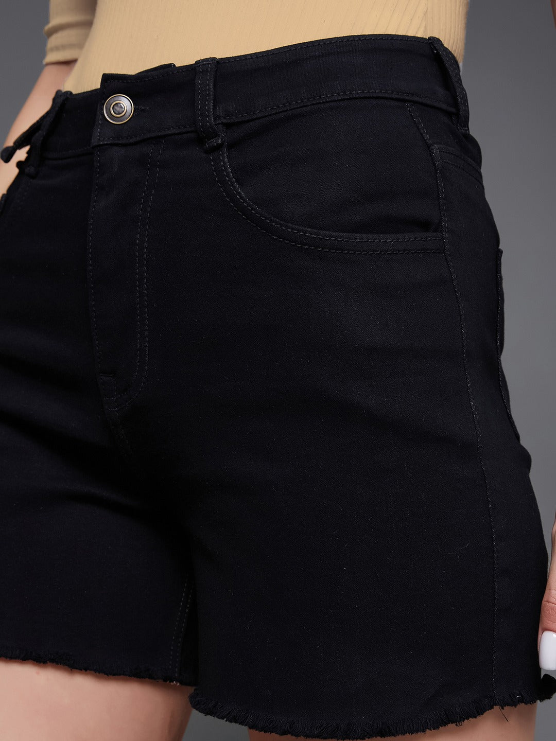 Black Relaxed Fit High Rise Stretchable Denim Shorts for Women