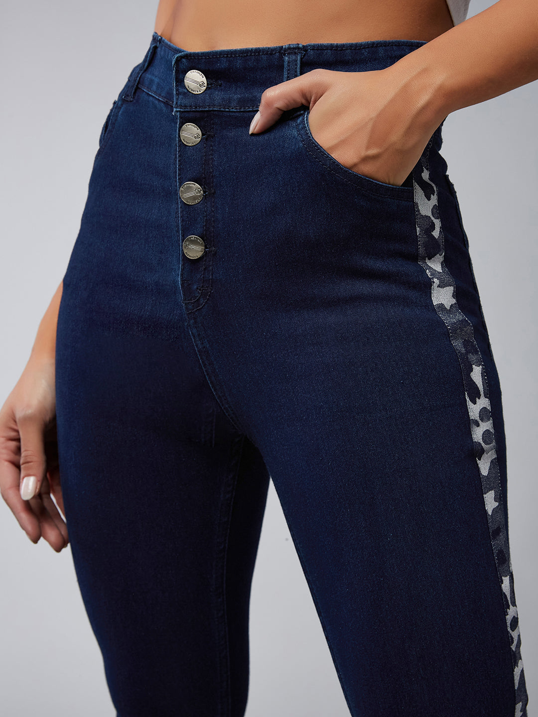 24/7 Comfort Navy-Blue Skinny High-Rise Printed Fabric Tape Detailing Denim Jeans