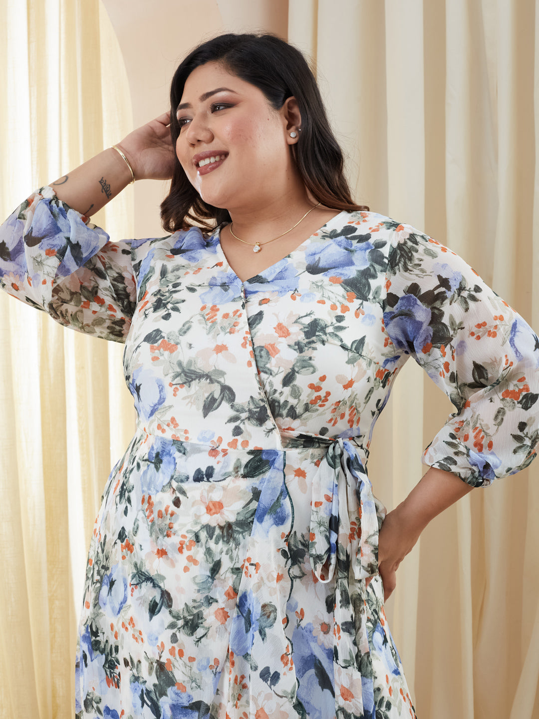 Multicolored-Base-Off White V-Neck Three-Quarter Sleeve Floral Wrap Chiffon Midi Dress for Women