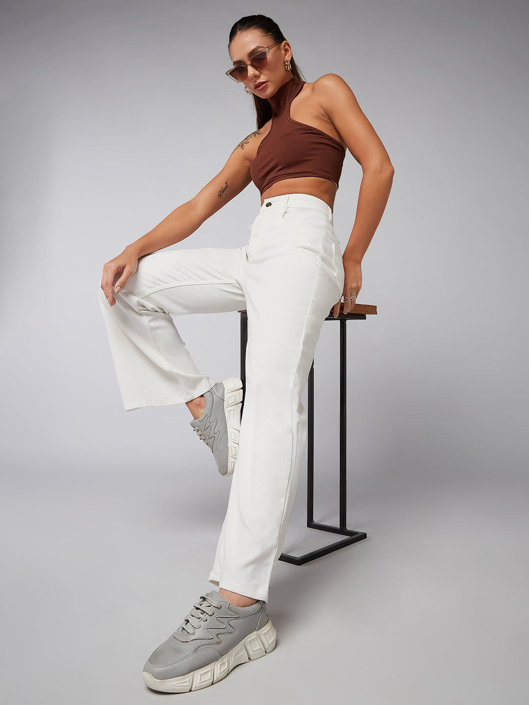 White Bootcut High-Rise Clean-Look Regular Stretchable Denim Jeans for Women