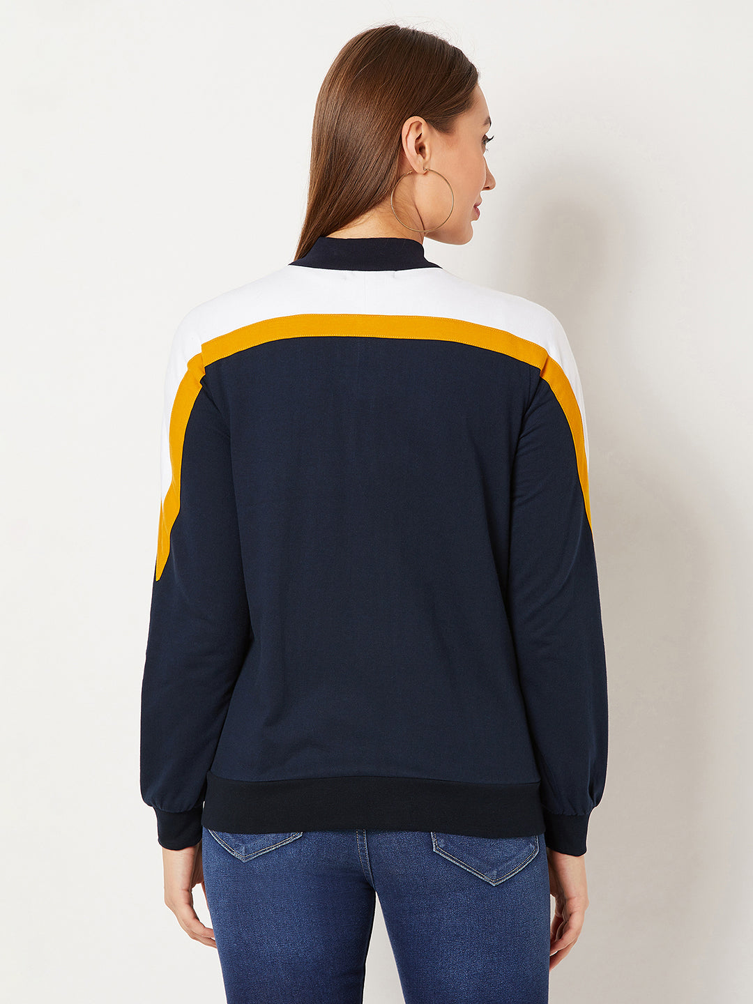 Women's Multicolored-Base-Navy Blue Turtle-neck Full sleeves Solid Color-Block Regular length Jacket