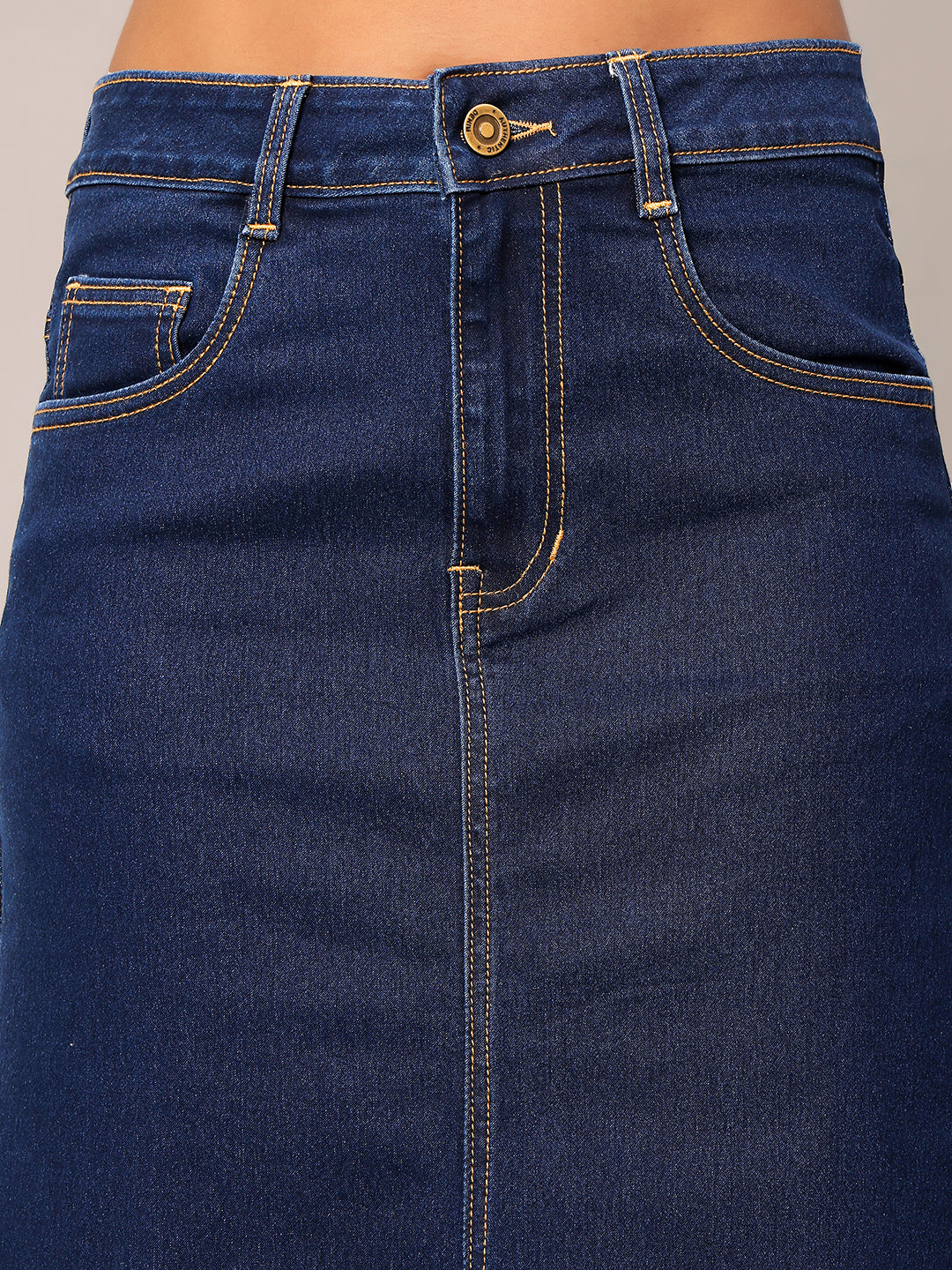 Women's Dark Blue Flared High-Rise Clean-Look Stretchable Denim Maxi Skirt