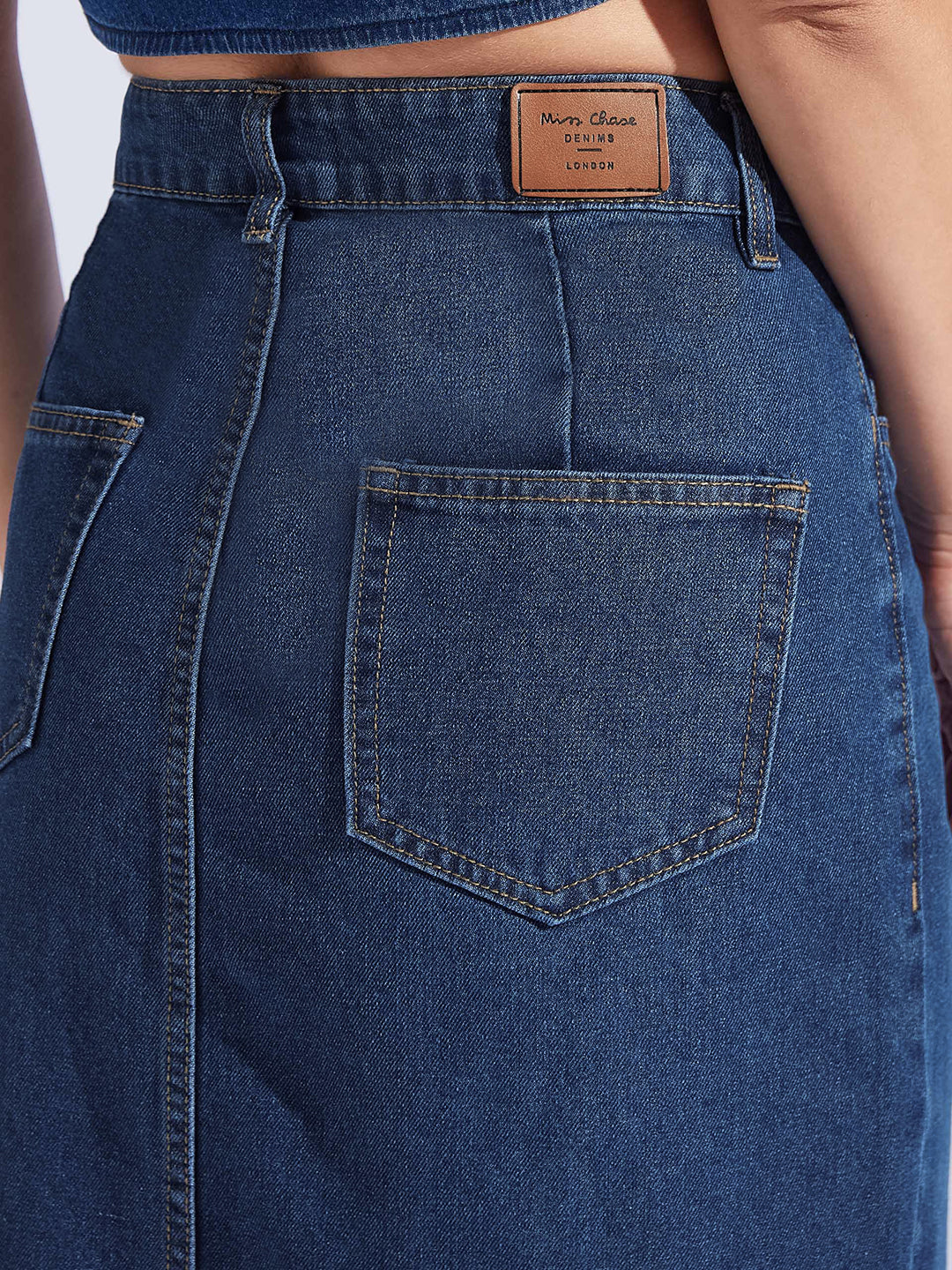 Women's Dark-Blue A-Line High-Rise Non-stretchable Denim Midi Skirt