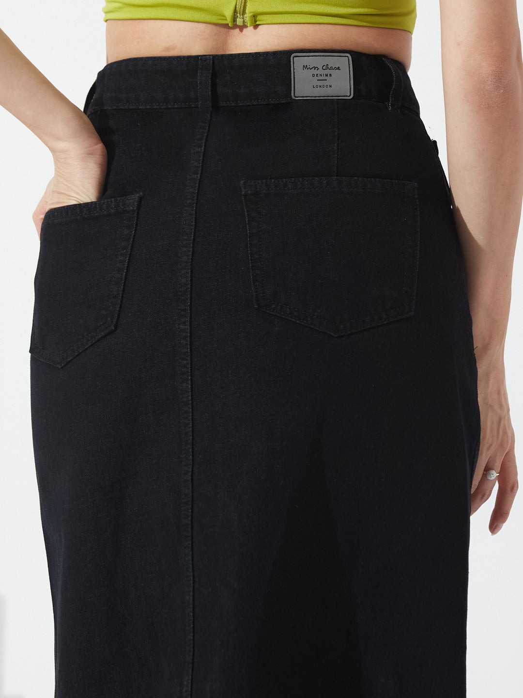 Black Straight-Fit High-Rise Stretchable Denim Midi Skirt for Women