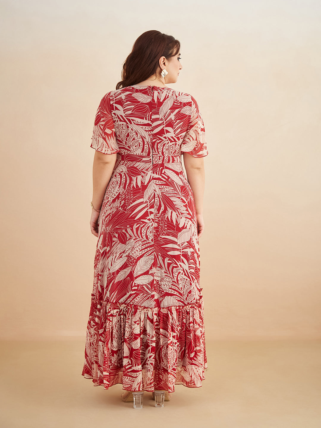 Multicolored-Base-Maroon V Neck Flared Sleeve Floral Wrap Maxi Dress for Women — Miss Chase A+