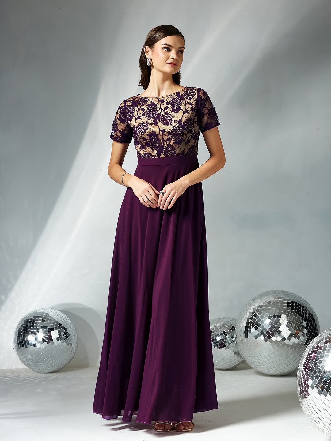 Women's Dark Purple Round Neck Half Sleeve Self Design Fit & Flare Georgette Maxi Dress