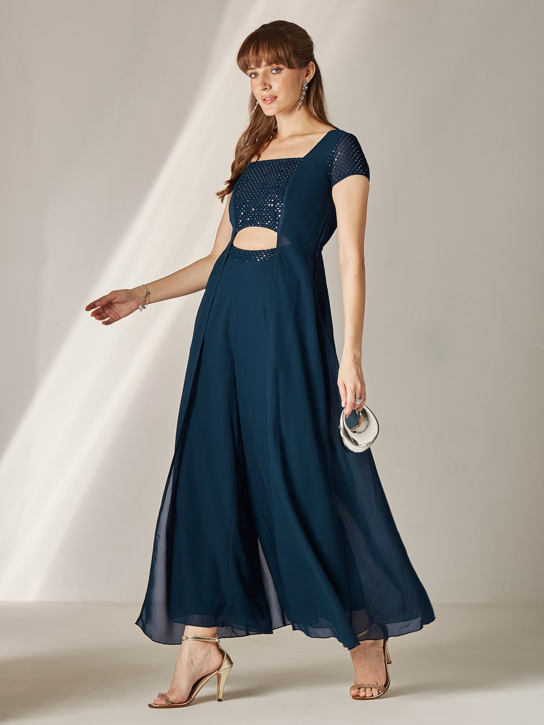 Teal Embellished Square Neck Short Sleeve Georgette Cut Out Relaxed Fit Regular Jumpsuit for Women