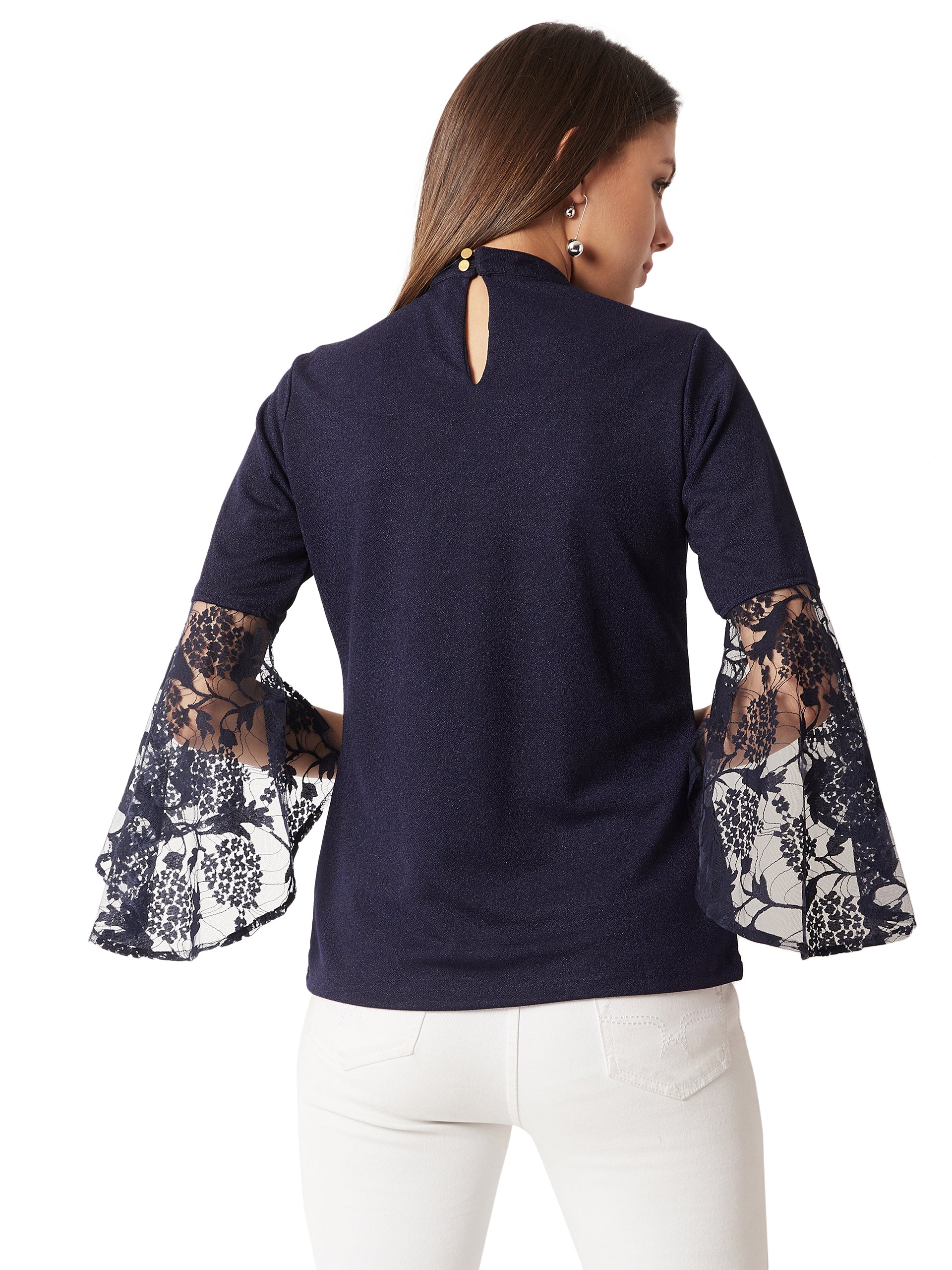 Women's Navy Blue Round Neck Split 3/4 Sleeves Solid Lace Semi Sheer Choker Style Cut-Out Pearl Detailing Top