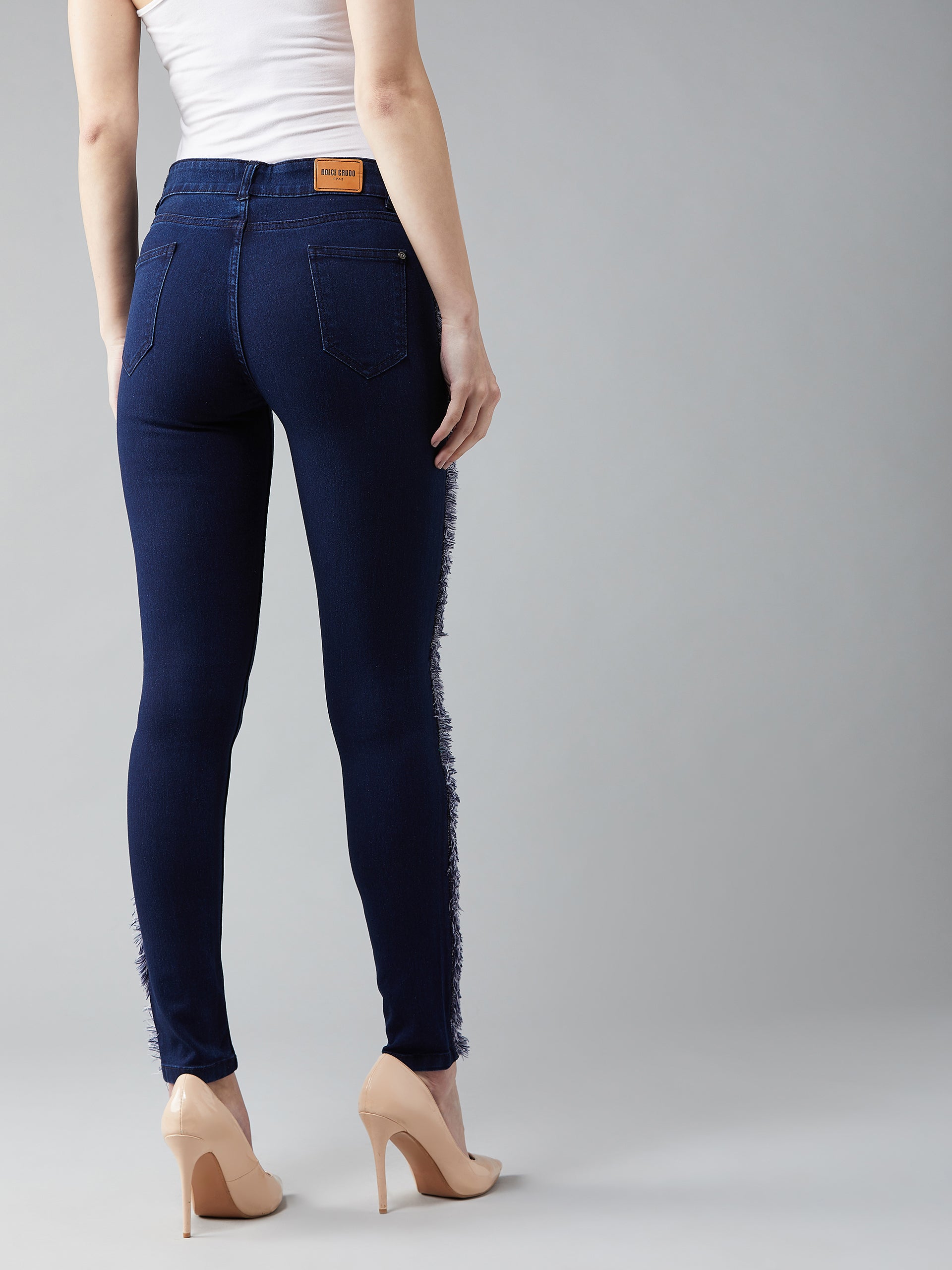 Women's Navy-Blue Skinny-Fit Mid-Rise Fringe And Lace Detailing Stretchable Denim Jeans