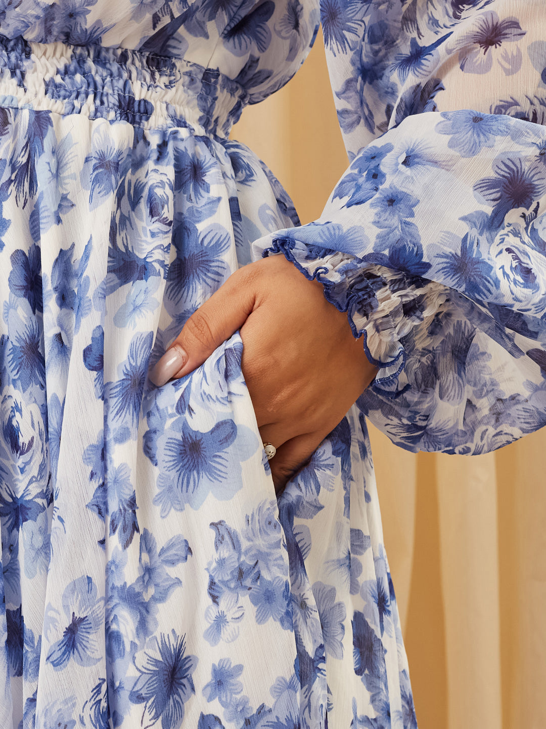 Multicolored Base White V-Neck Full Sleeve Floral Gathered Chiffon Maxi Dress for Women
