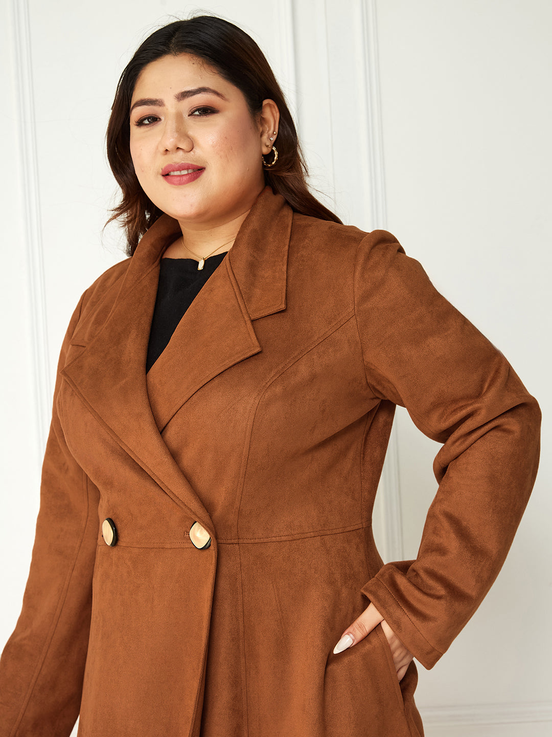 Body Bliss Brown Solid Double Breasted Longline Jacket for Women — Miss Chase A+