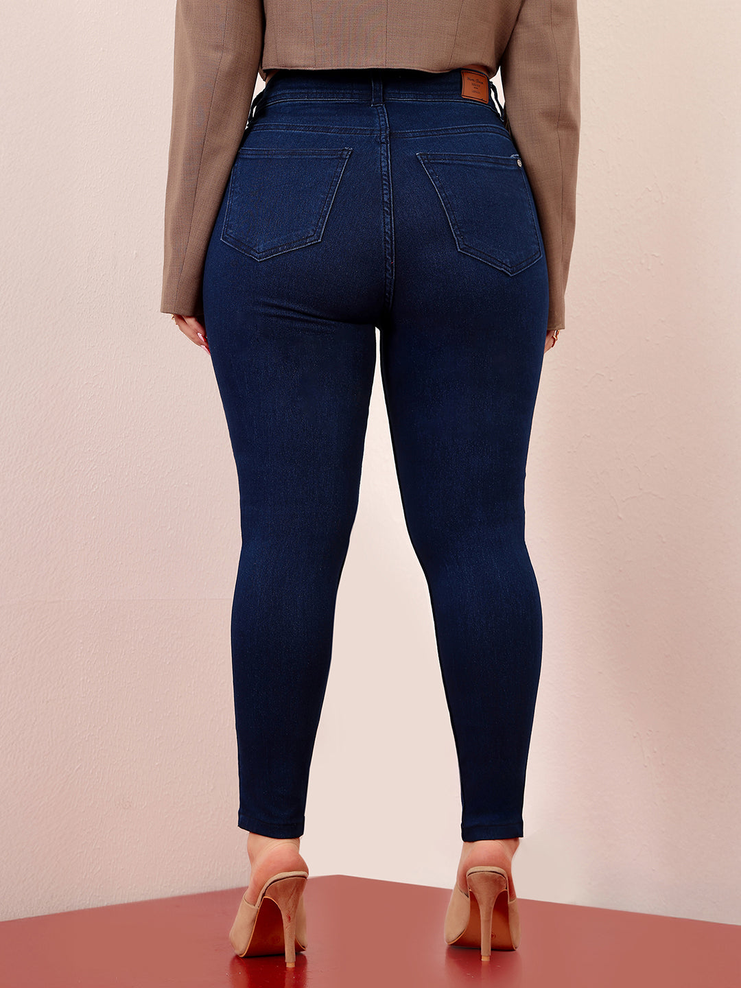Women's Navy Blue Skinny-Fit High-Rise Cropped-Length Stretchable Denim Jeans