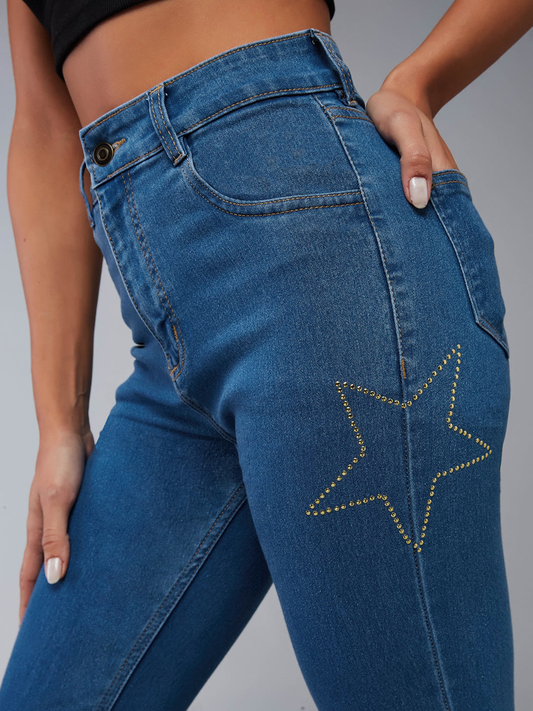CHASEstretch™ Blue Skinny High-Rise Cropped-Length Embellished Fringe Detailing Stretchable Denim Jeans