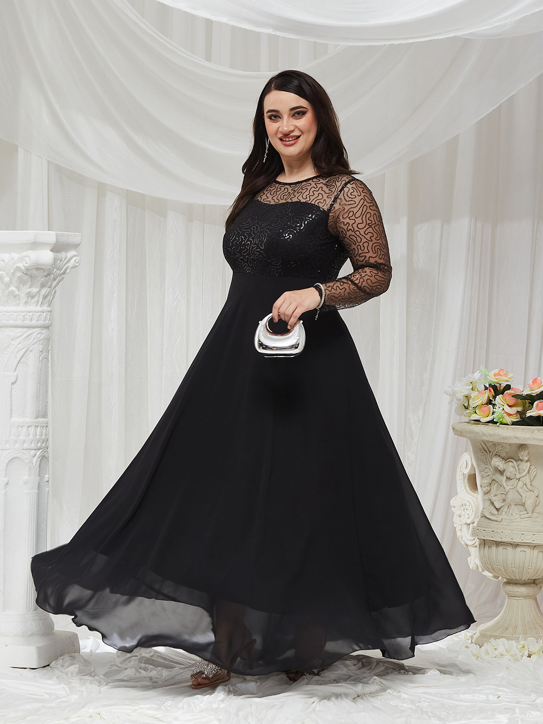 Black Solid Embellished Maxi Dress for Women