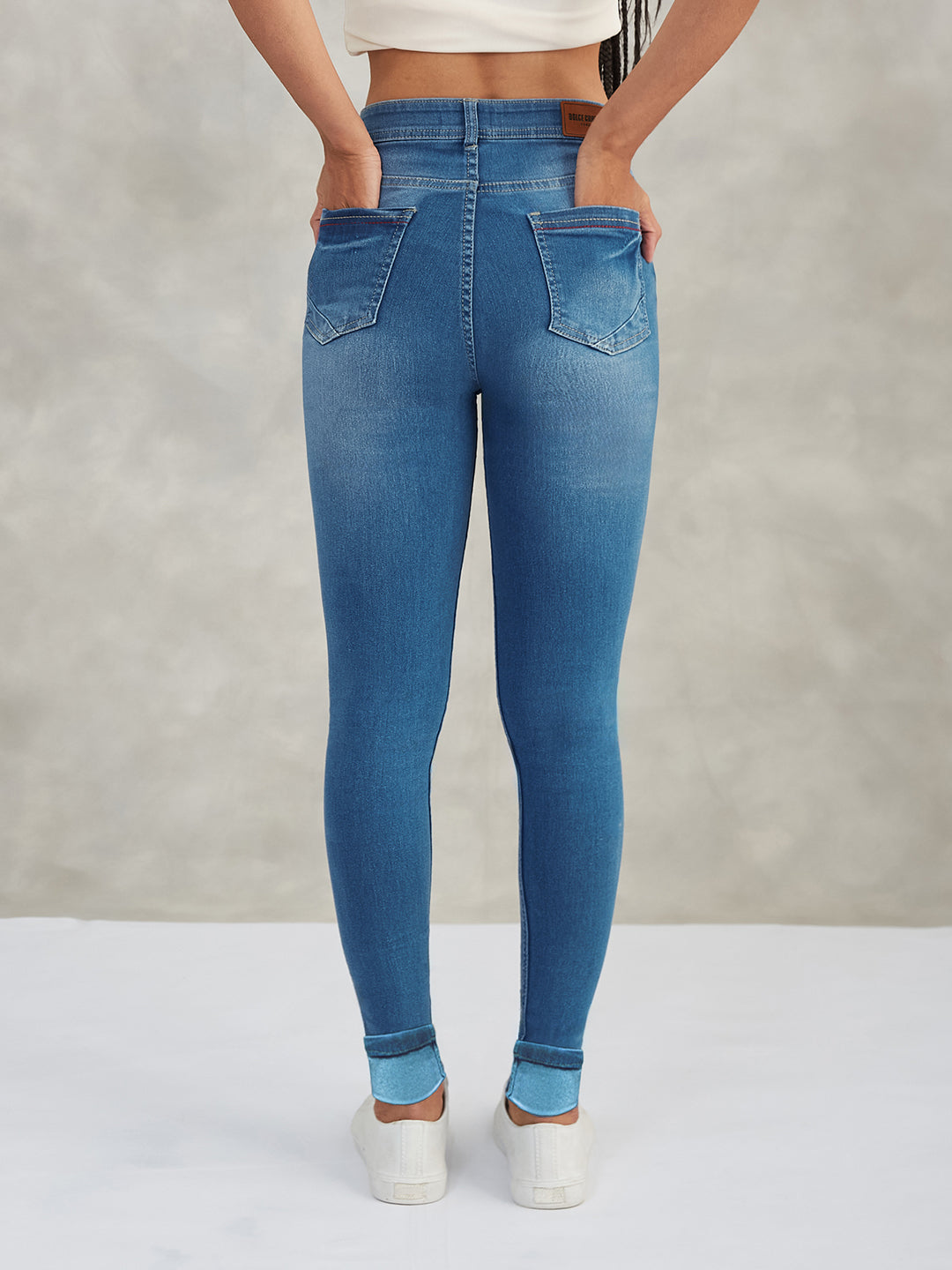 Women's Blue Skinny High-Rise Twill Tape Detailing Scraped Stretchable Denim Jeans