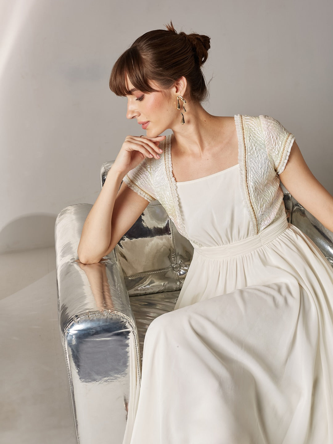 Off White Square Neck Frilled Self Designed Panelled Georgette Maxi Dress for Women
