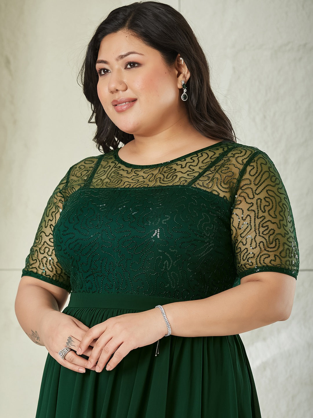 Dark Green Relaxed Fit Maxi Georgette & Sequins Dress for Women
