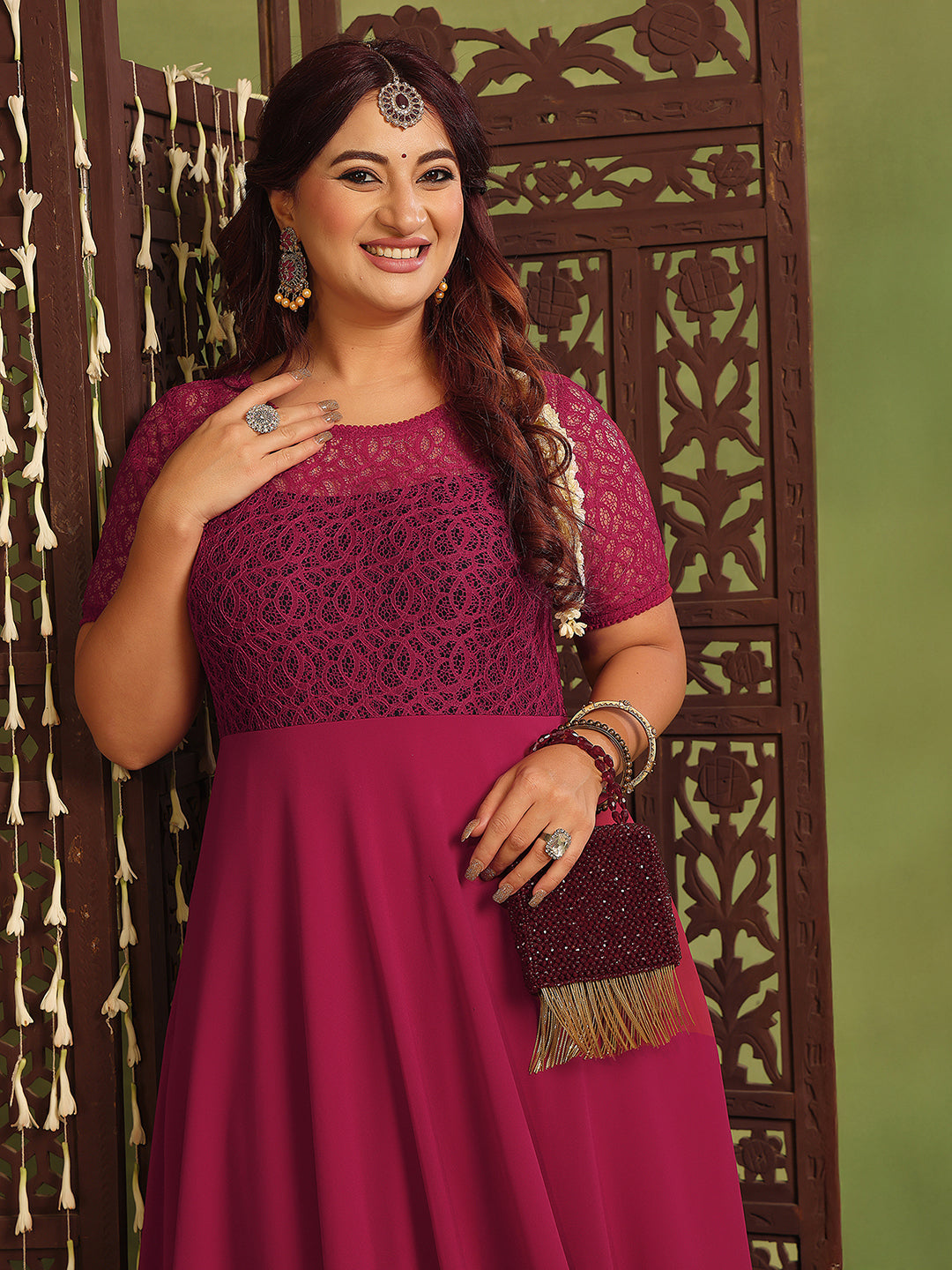 Dark Pink Short Sleeves Lace Fit and Flare Maxi Dress for Women