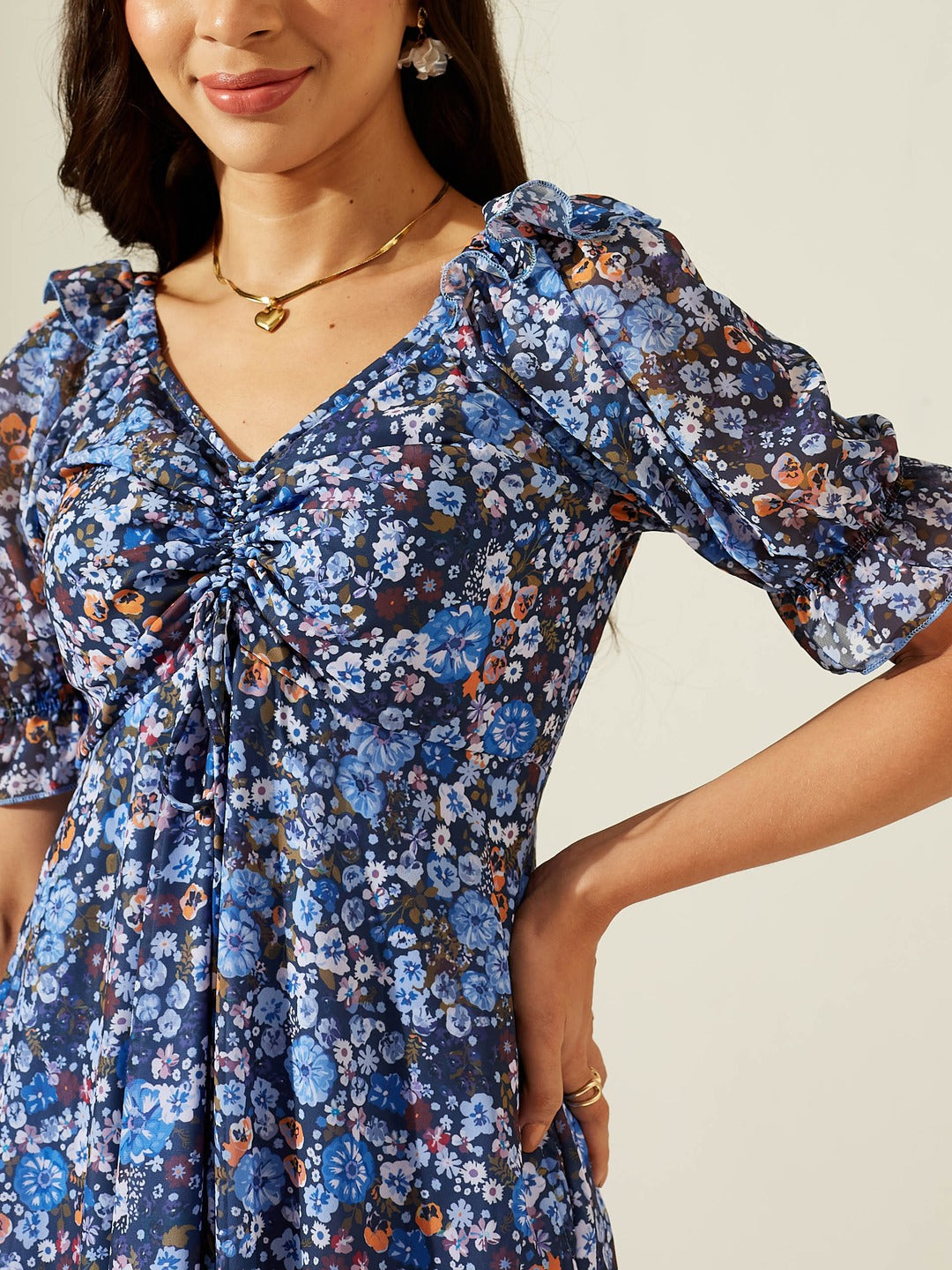 Navy Blue V-Neck Puff Sleeve Floral Ruching Ankle-Length Dress for Women