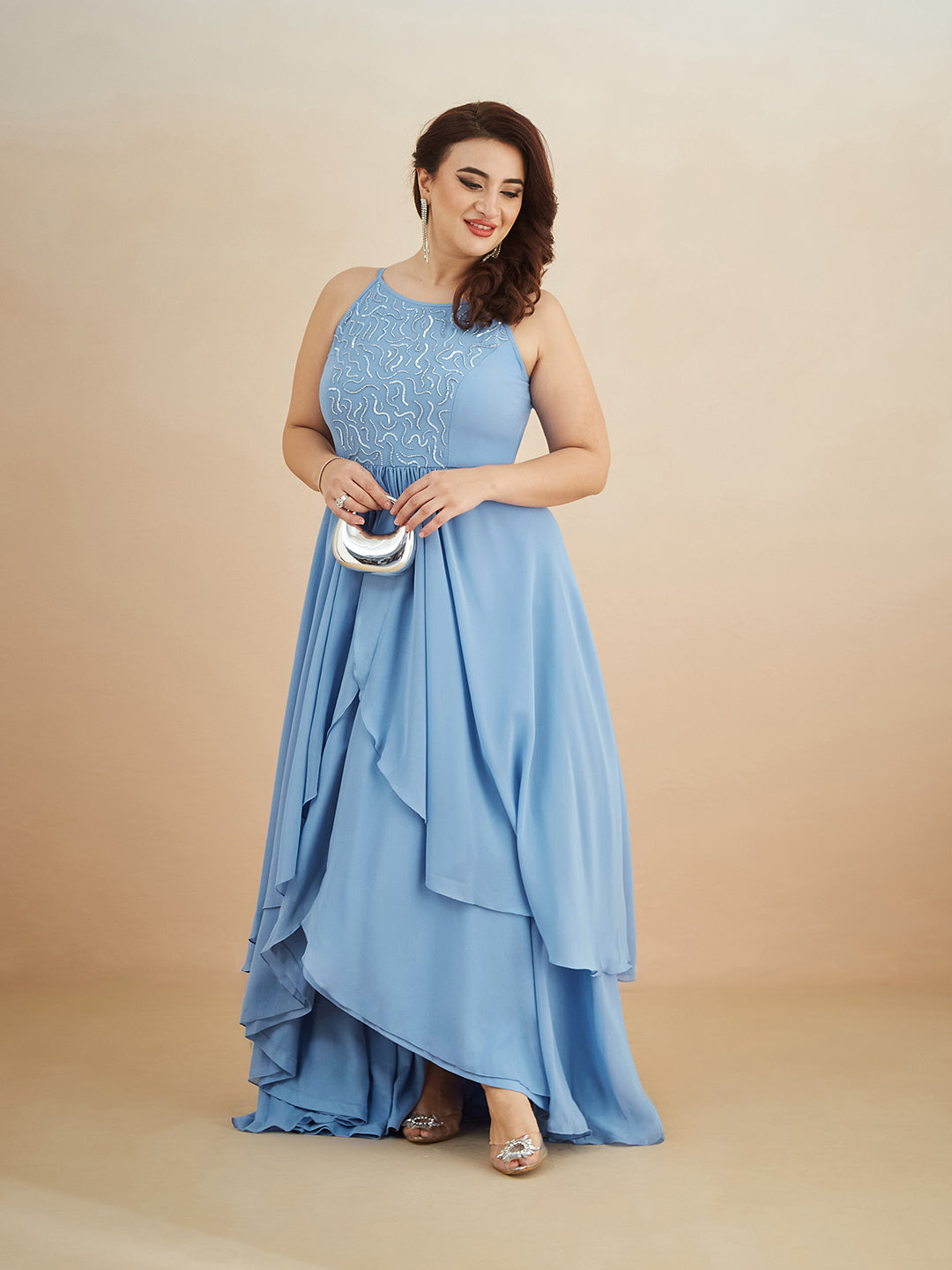 Powder Blue Halter-Neck Sleeveless Embroidered Layered Georgette Maxi Dress for Women — Miss Chase A+