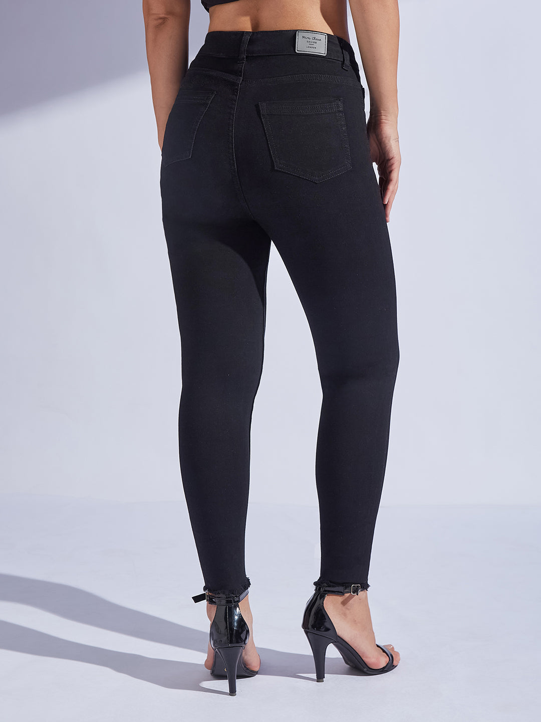 Women's Black Skinny Fringed Detailing High-Rise Solid Cropped Stretchable Denim Jeans