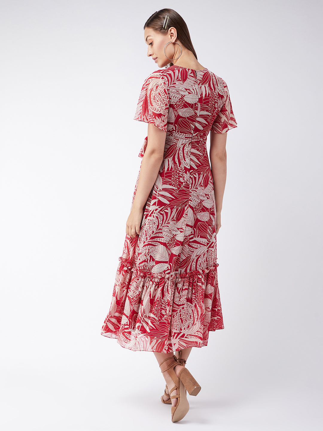 Maroon Floral Printed Flutter Sleeves Maxi Dress Long Dress Frock for Women