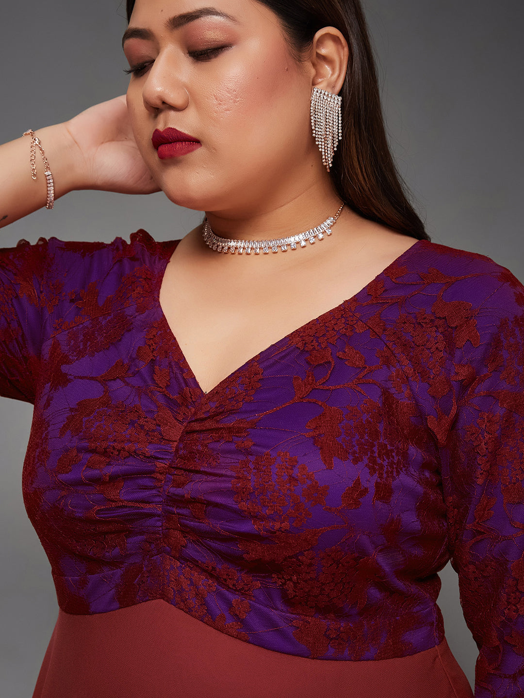 Brick Red Long Sleeves Lace Empire Maxi Dress Long Dress Gown Frock for Women | Birthday Dresses