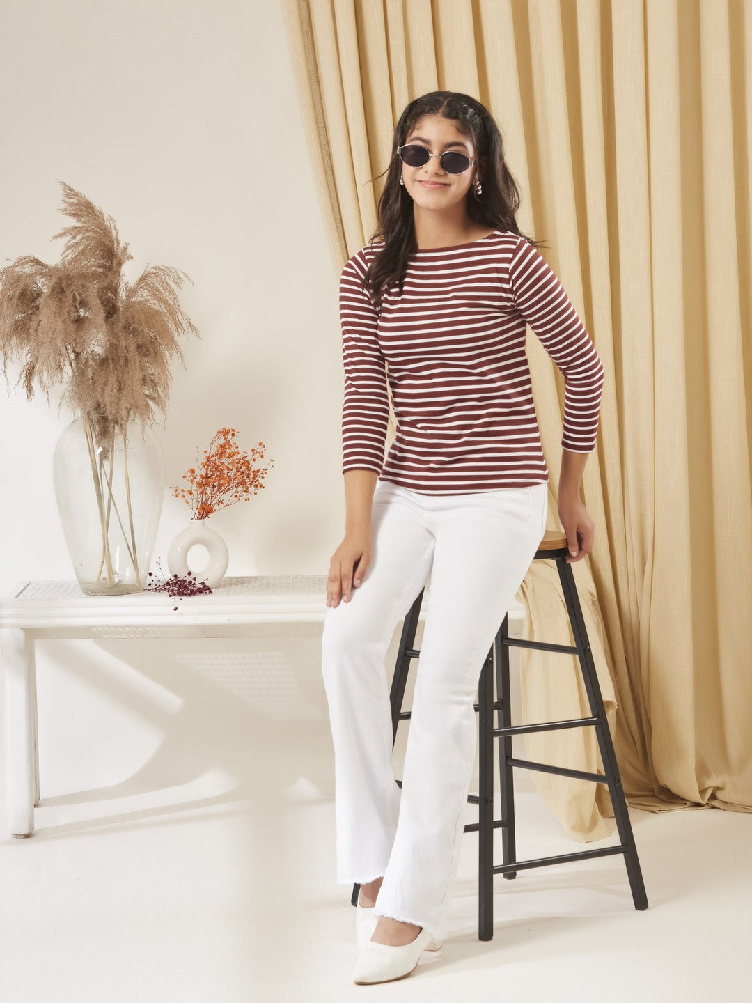 Maroon & White Boat Neck 3/4 Sleeve Cotton Striped Top for Girls/Teenagers
