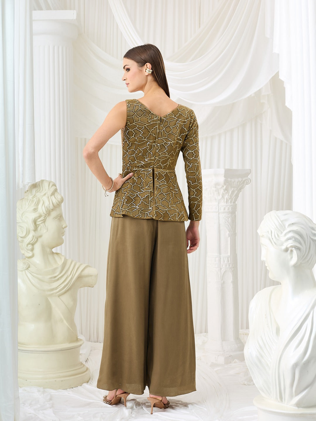 Dark Beige Asymmetric Geometric Peplum Regular Satin Jumpsuit for Women