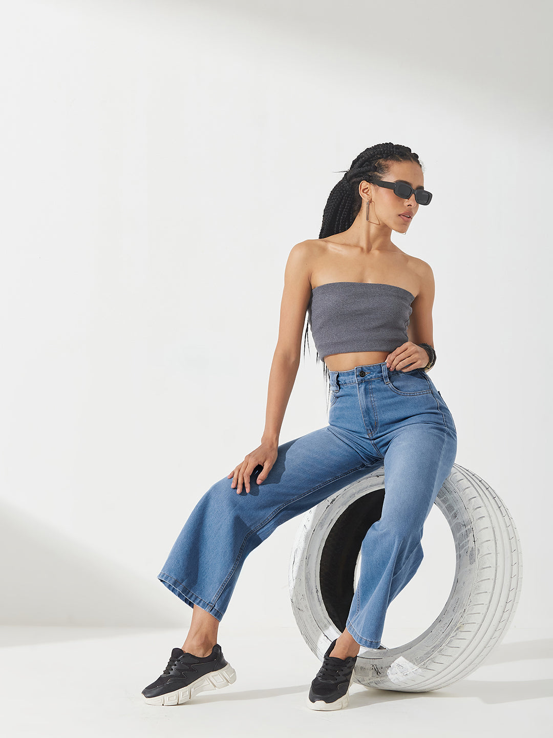 Light Blue Wide-Leg High-Rise Non-stretchable Denim Jeans For Women