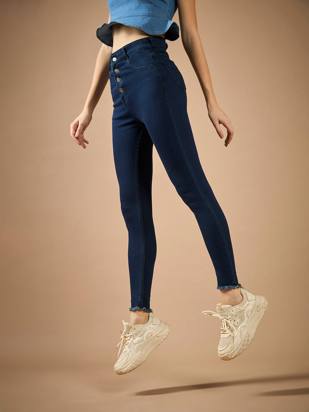 Women's Navy-Blue Skinny High-Rise Clean-Look Solid Fringed Hemline Cropped Stretchable Denim Jeans
