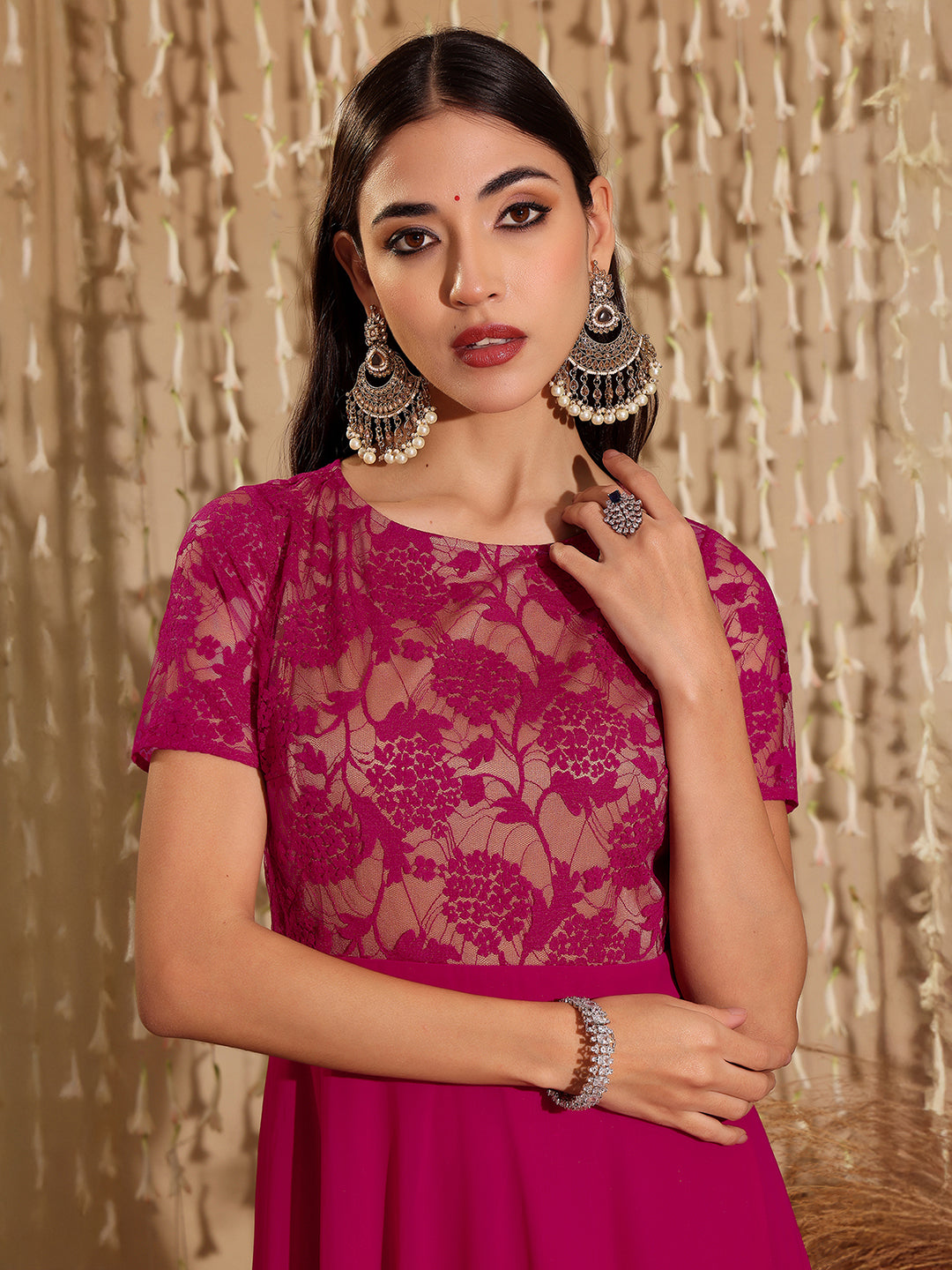 Women's Dark Pink Round Neck Half Sleeve Self-Designed Fit & Flare Georgette Maxi Dress