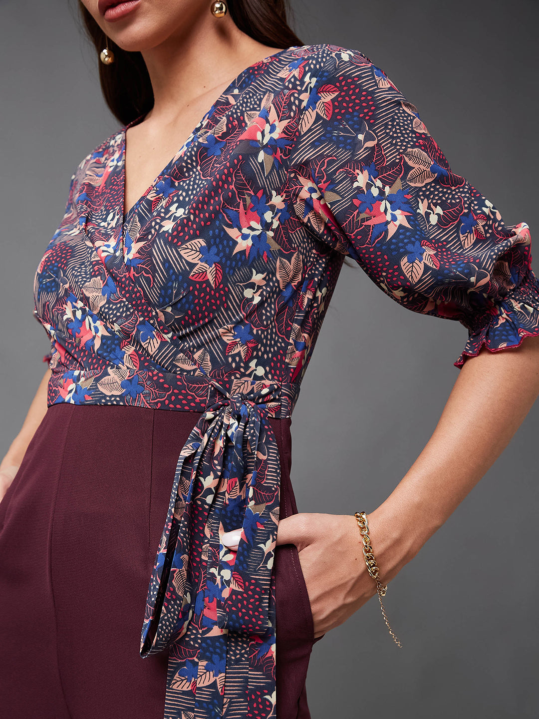 Women's Multicolored-Base-Wine V-Neck Puff Sleeve Floral Patterned Wrap Regular Georgette Jumpsuit