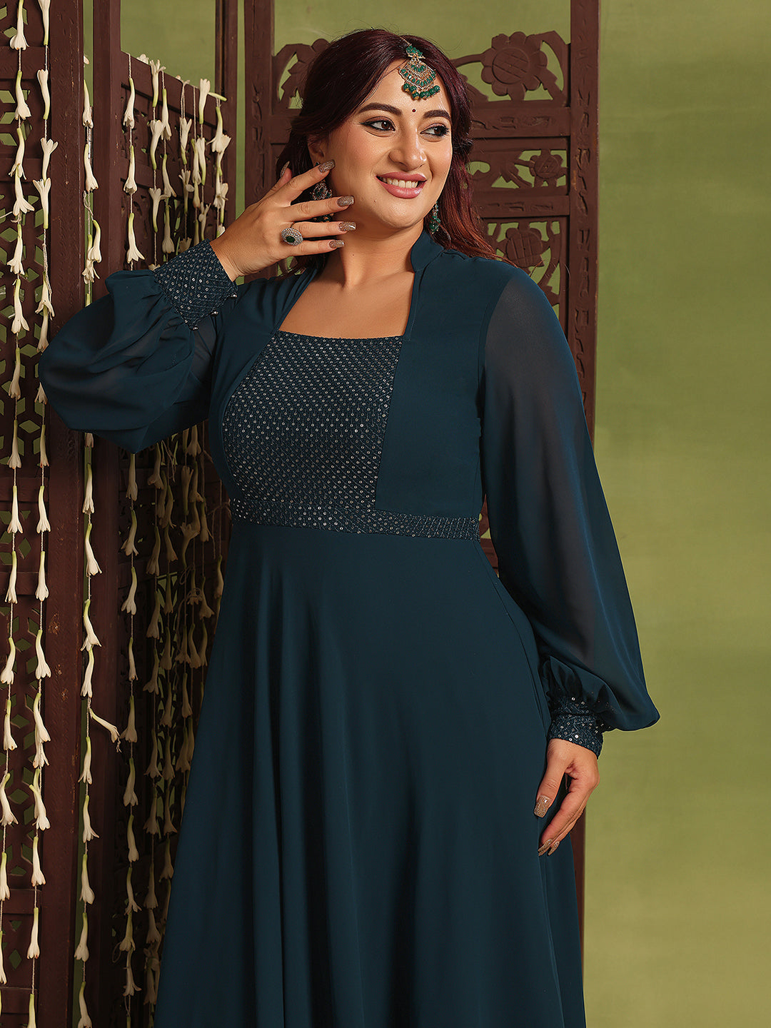 Women's Teal Mandarin-Collar Bishop Sleeve Embellished Panelled Georgette Maxi Dress