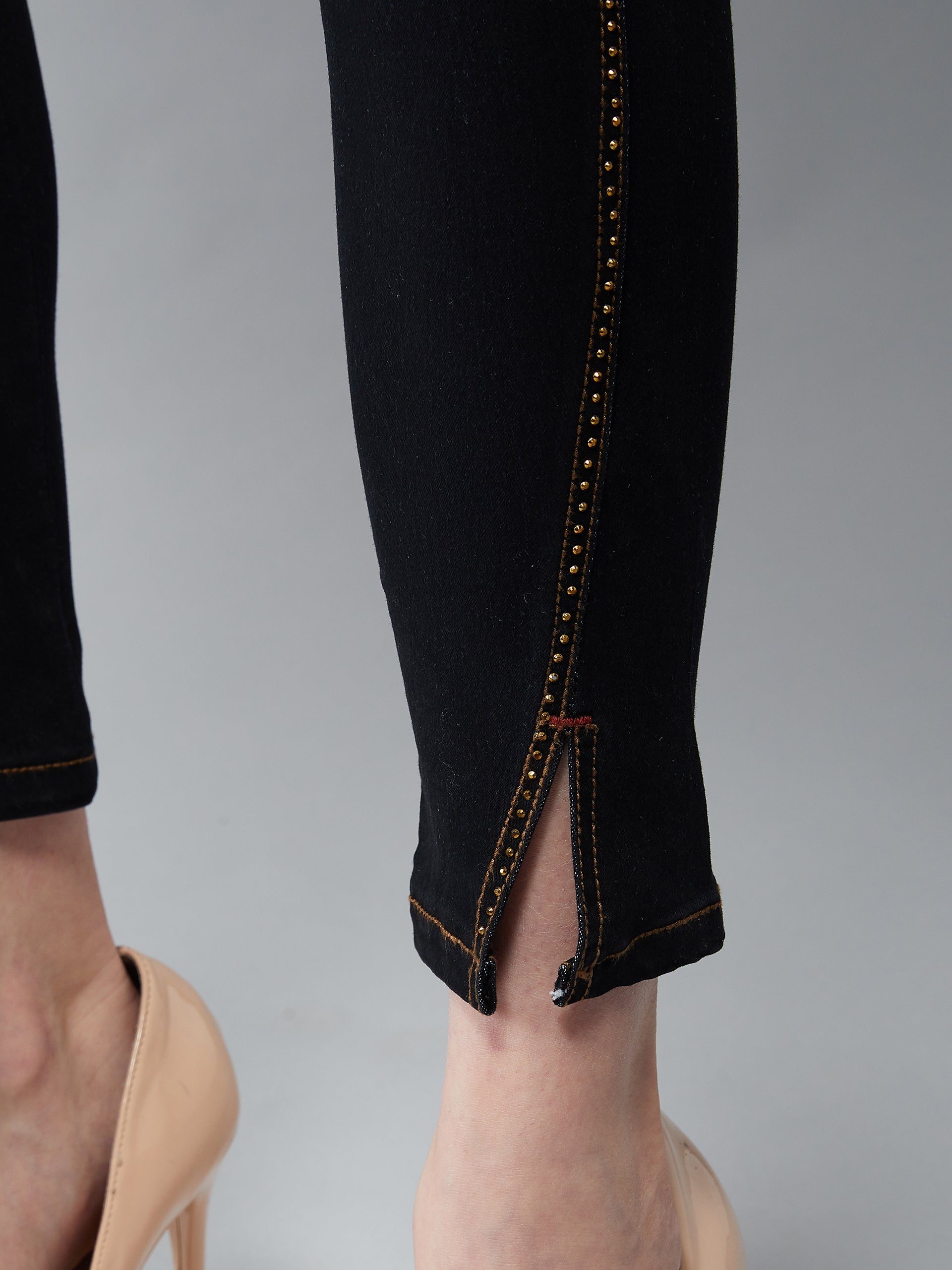 Women's Black Embellished Skinny High-Rise Side-Slit Solid Cropped-Length Stretchable Denim Jeans