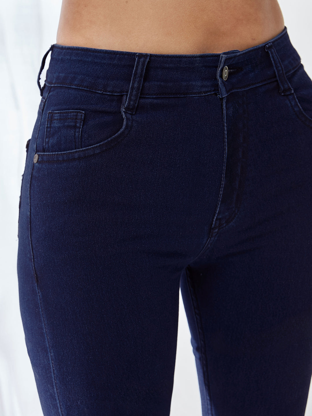 CHASEstretch™ Navy Blue Printed Fabric Detailing Skinny Fit Mid-Rise Denim Stretchable Jeans For Women