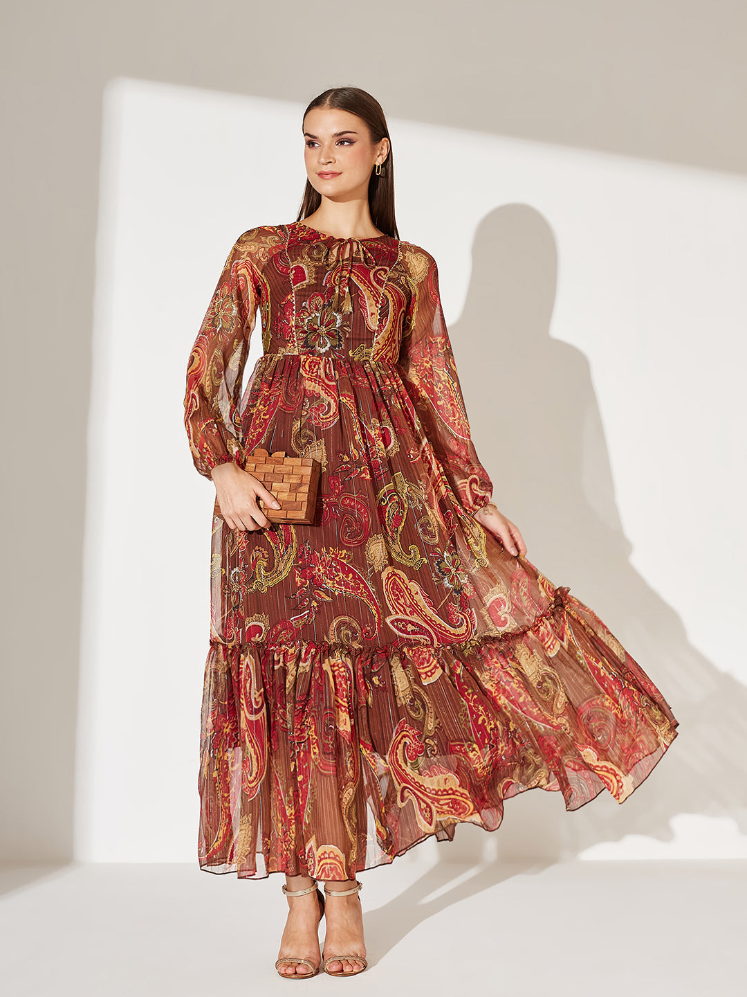 Women's Multicolored-Base-Brown Relaxed Fit Maxi Lurex Chiffon Dress