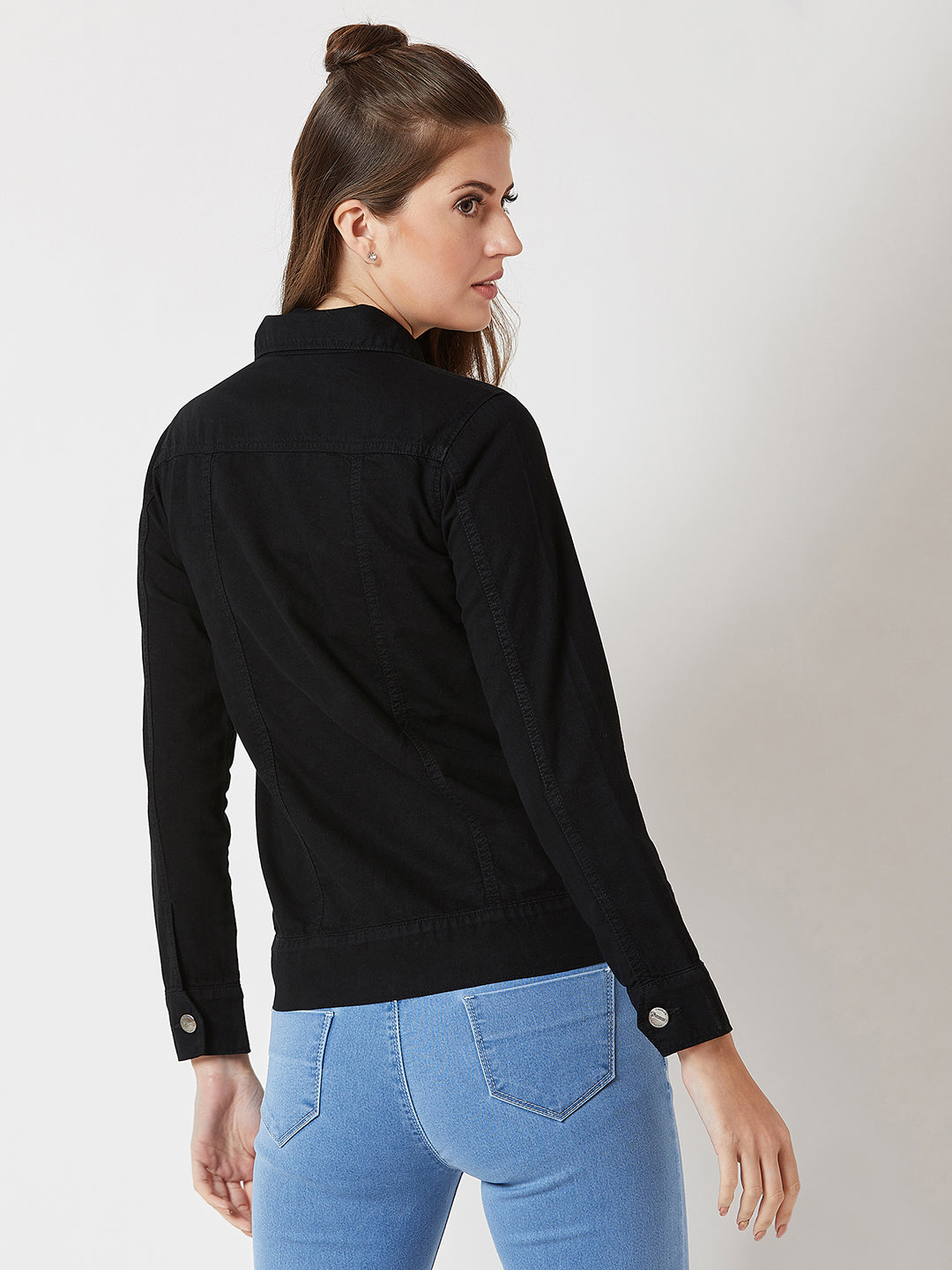 Women's Black over dyed Polo Neck Full Sleeves Patch Pocket Denim Metal Buttoned Jacket