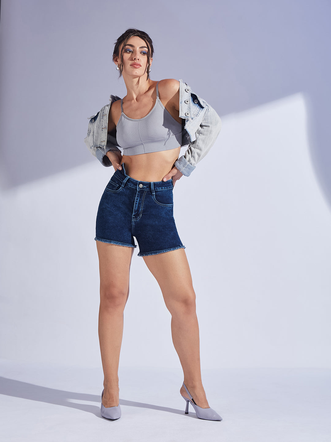 Women's Navy Blue Relaxed Fit High-Rise Stretchable Denim Faded Shorts