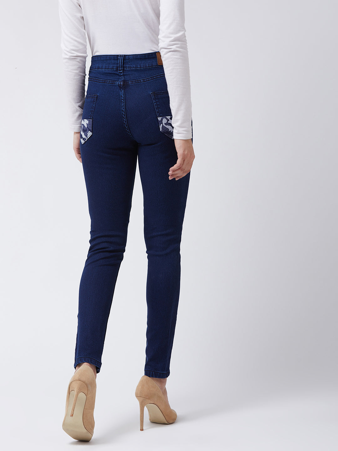 24/7 Comfort Navy-Blue Printed Fabric Detailing Skinny-Fit Mid-Rise Stretchable Denim Jeans