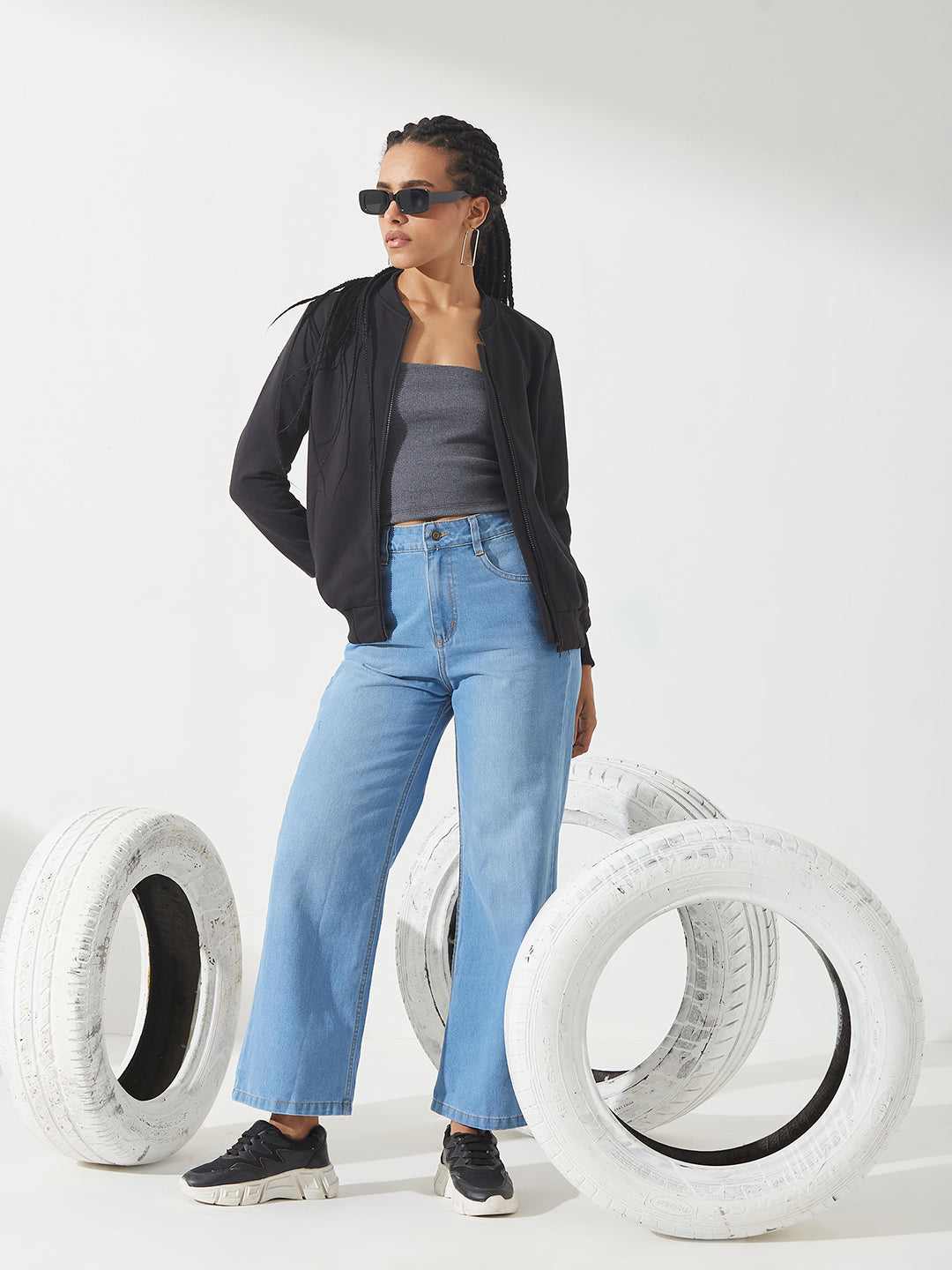 Black Collared Full-Sleeves Solid Bomber Ribbed Jacket for Women