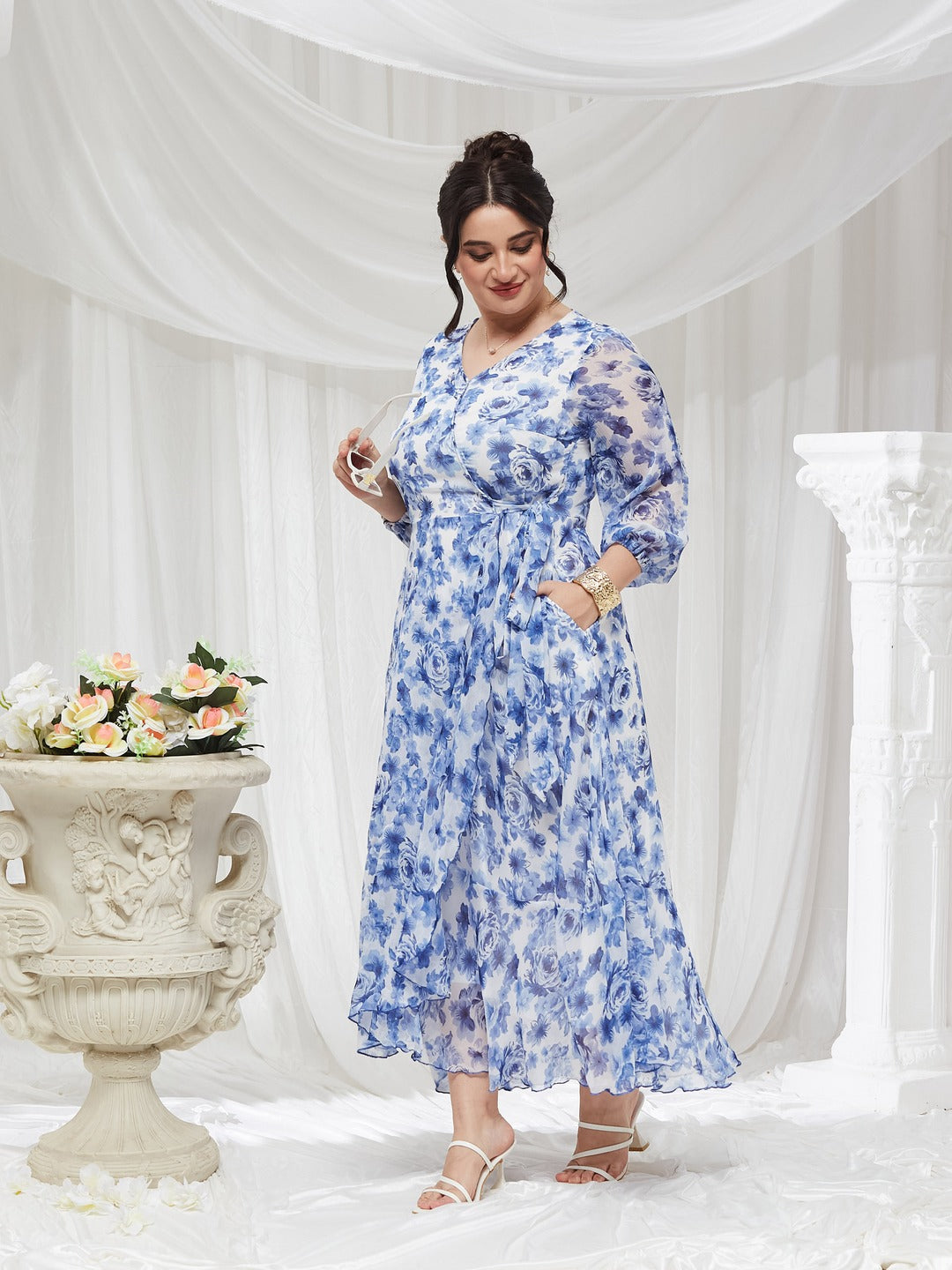 White V-Neck Three-Quarter Sleeve Floral Wrap Chiffon Midi Dress for Women