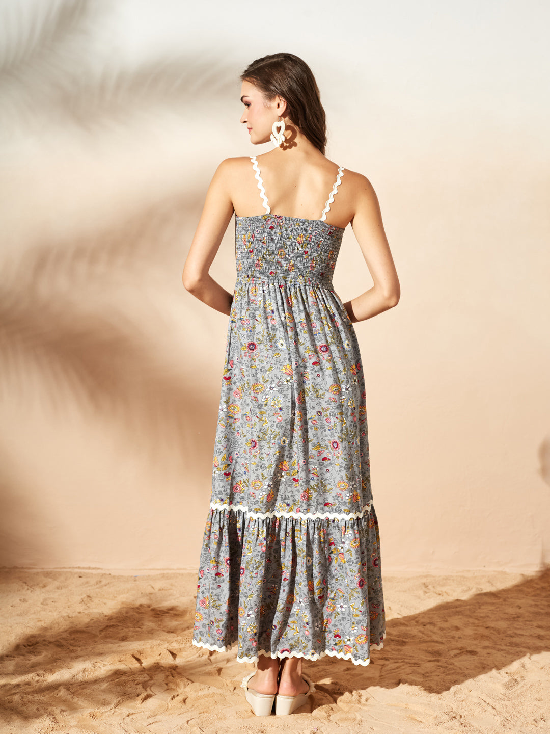 Grey Bohemian Multicolored Tiered Maxi Dress with Square Neck and Smocked Back for Women
