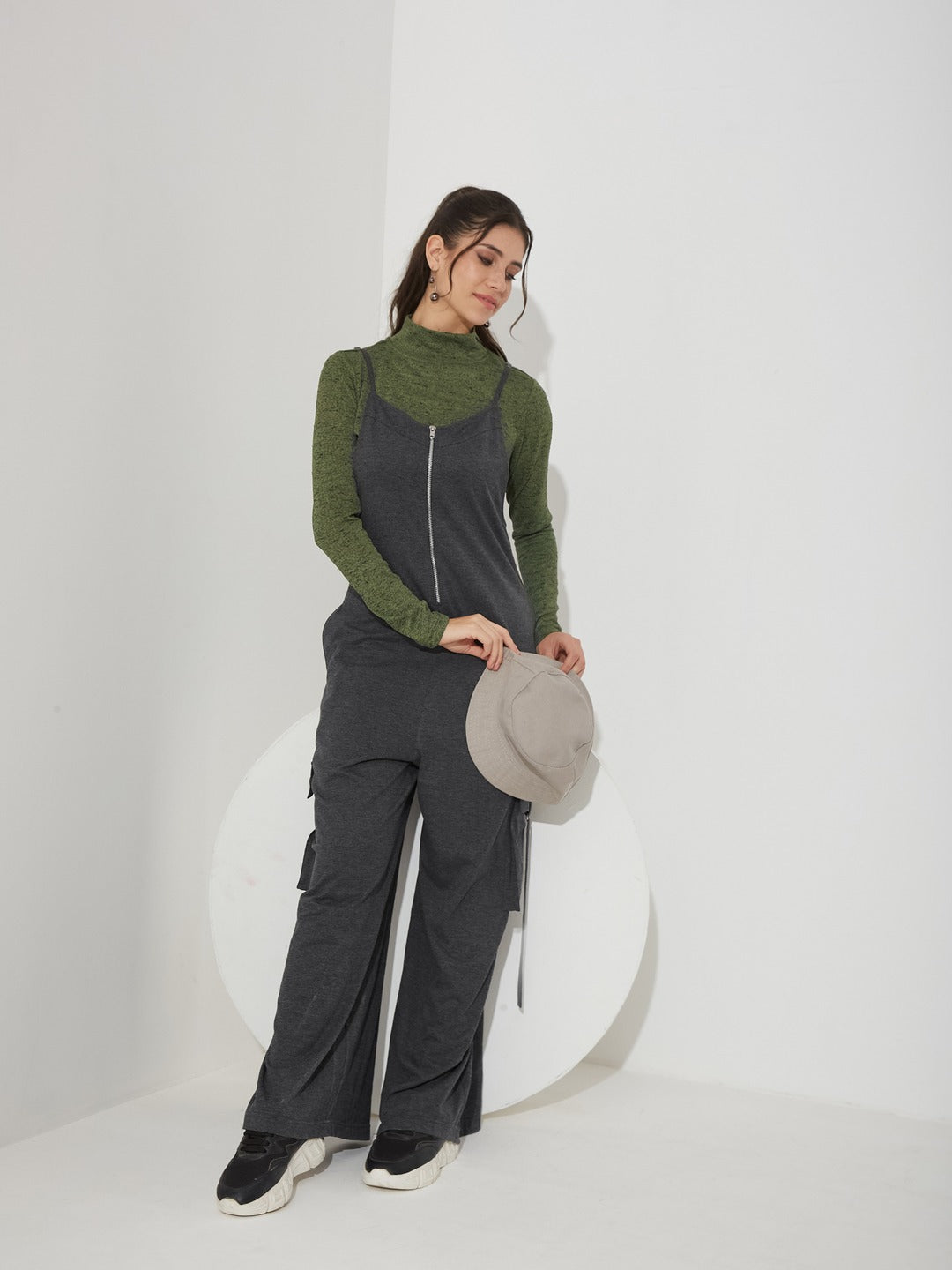 Charcoal Grey and Green Turtle Neck Full Sleeve Solid Regular Fit Cotton Dungaree Co-Ord Set for Women