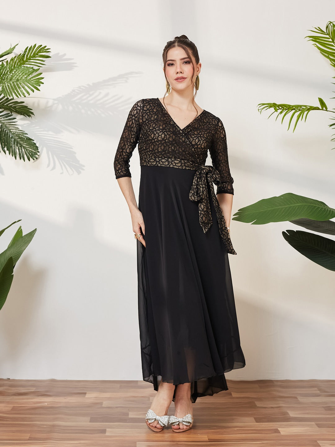 Black Self-Designed Relaxed Fit V-Neck 3/4th Sleeve Georgette And Lace Maxi Dress for Women