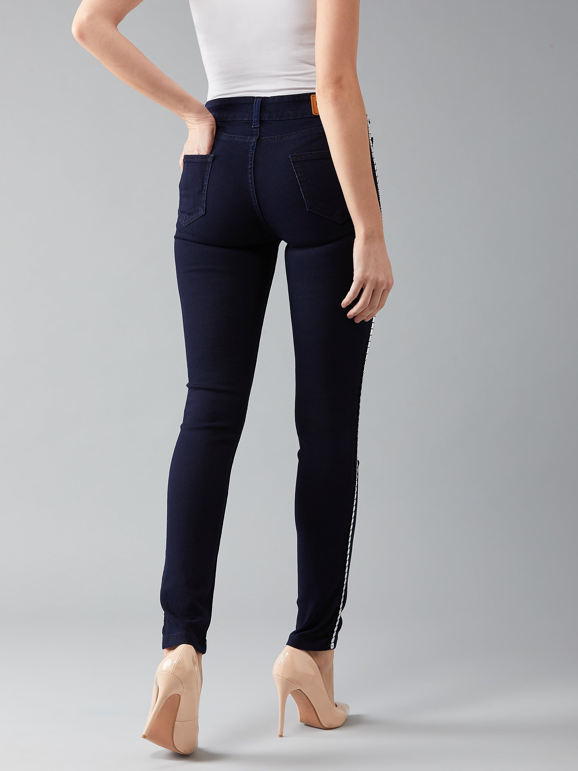 Women's Navy-Blue Skinny-Fit Mid-Rise Metal Tape Detailing Stretchable Denim Jeans