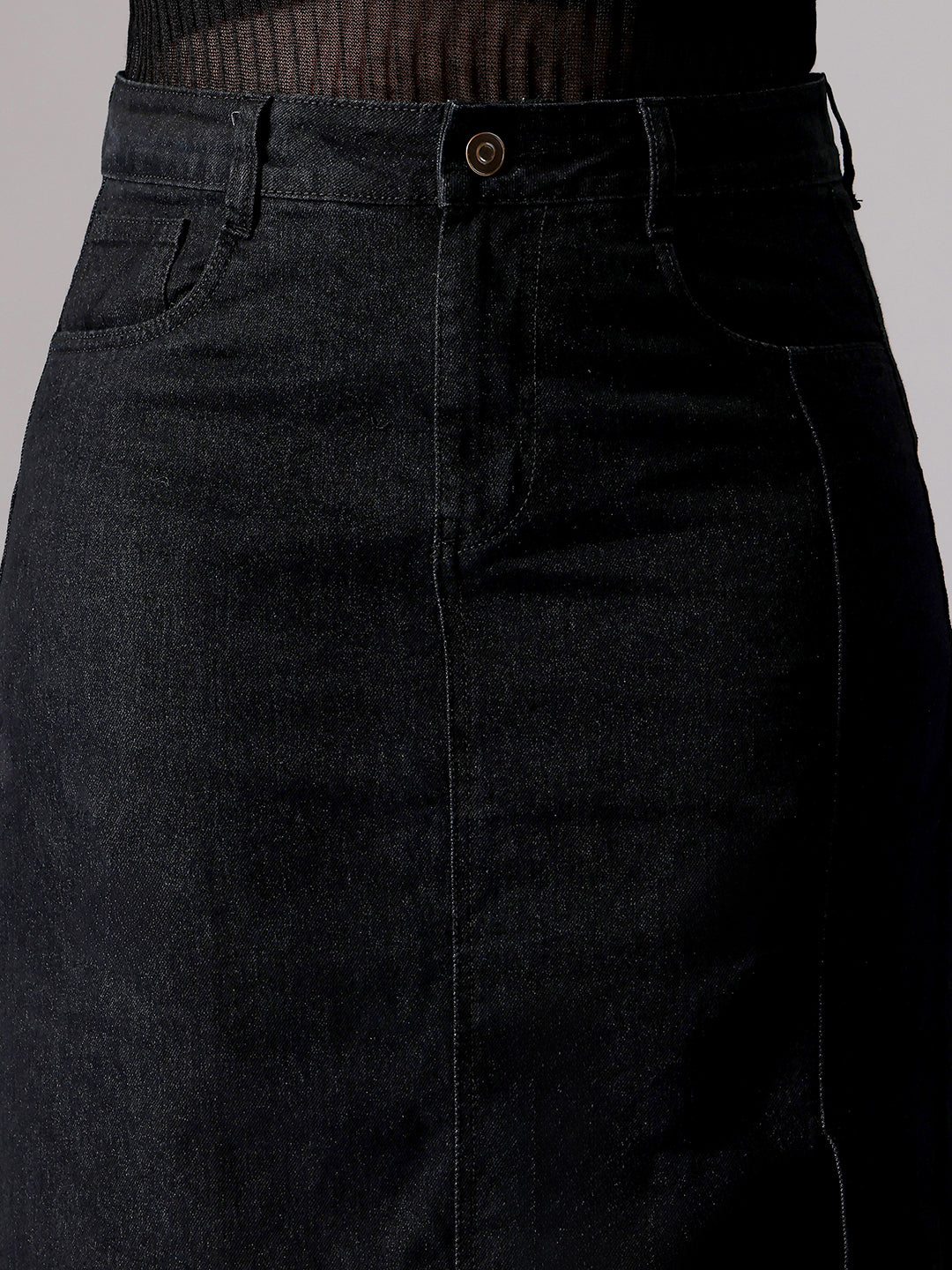 Women's Black Straight-Fit High-Rise Clean-Look Stretchable Denim Midi Skirt