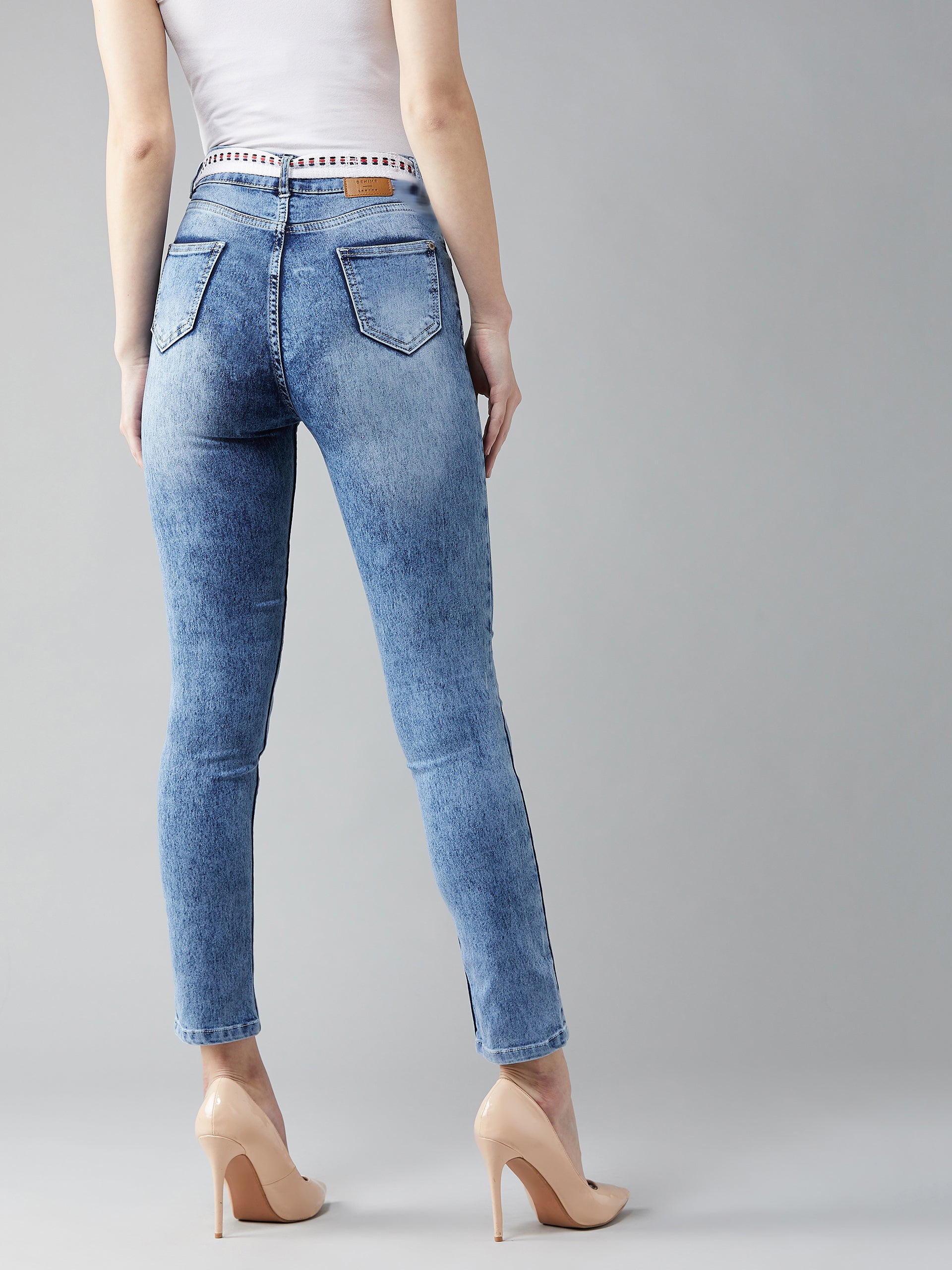 Women's Light Blue Slim-Fit High-Rise Light Wash Twill Tape Detailing Stretchable Denim Jeans